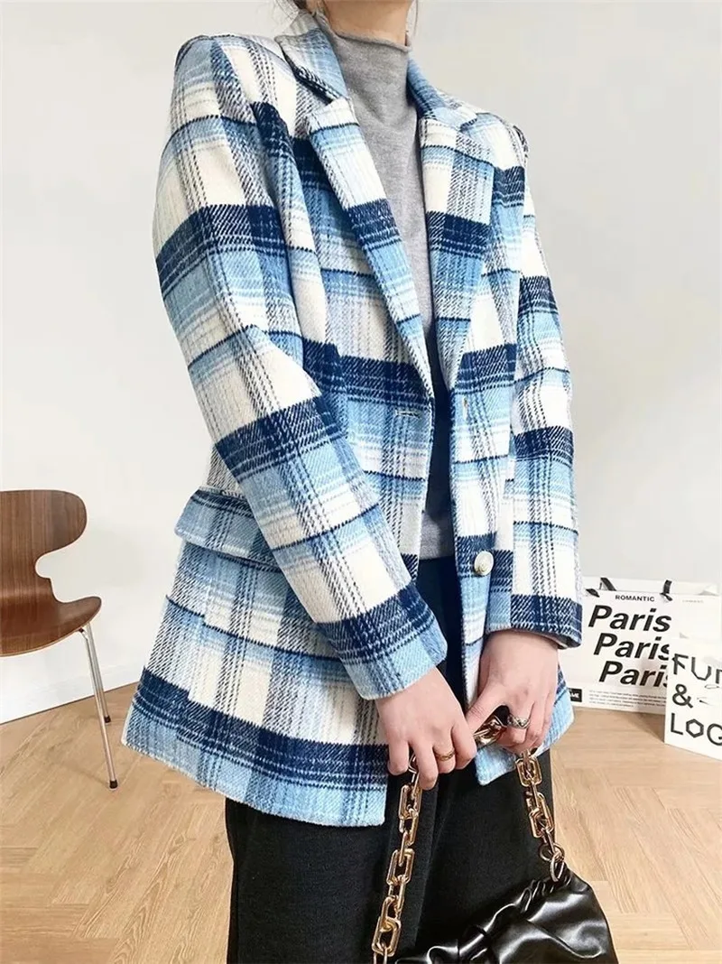 Blue Plaid Woollen Blazer Suit Mature Women Office Casual Commute All-Match Blazer Formal Clothing Lady Temperament Woollen Coat