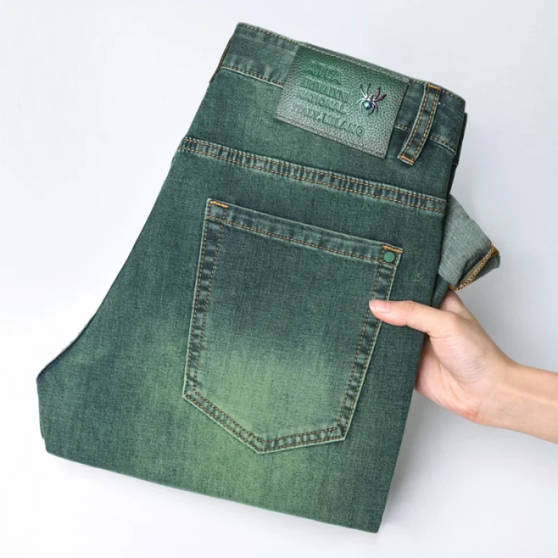 

Affordable luxury fashion jeans men's stretch casual business all-match slim fit feet high-end green washed trousers