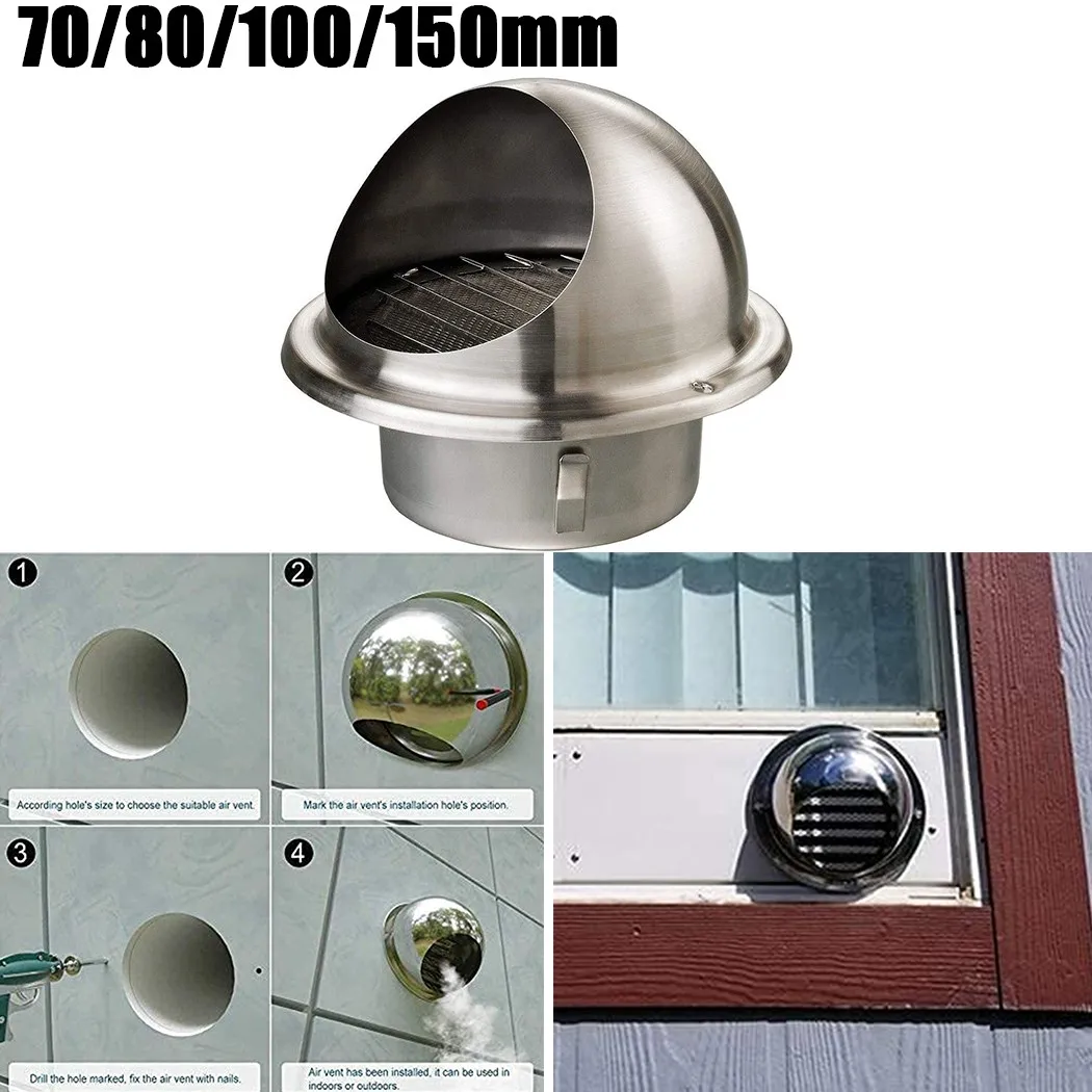 

1pc 70/80/100/150mm Air Vent Grille Stainless-Steel Round Bull Nosed External Wall Vent Outlet Wall Air Vent Ducting Ventilation