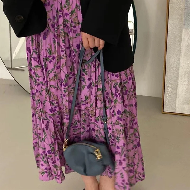 

Women Skirt Purple Print Floral Summer Chiffon Skirt A-Line High Waist Pleated Midi Skirt Boho Beach falda