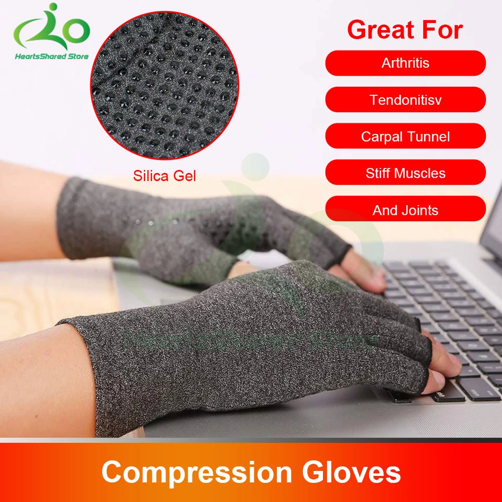 1 Pair Compression Gloves Hand Copper Arthritis Gloves Joint Pain Relief Half Finger Anti-slip Therapy For Womens Mens