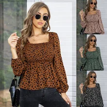 

Spring Summer Printed Chiffon Pullover Square Collar Sexy Leopard Temperament Slim Women's Shirt