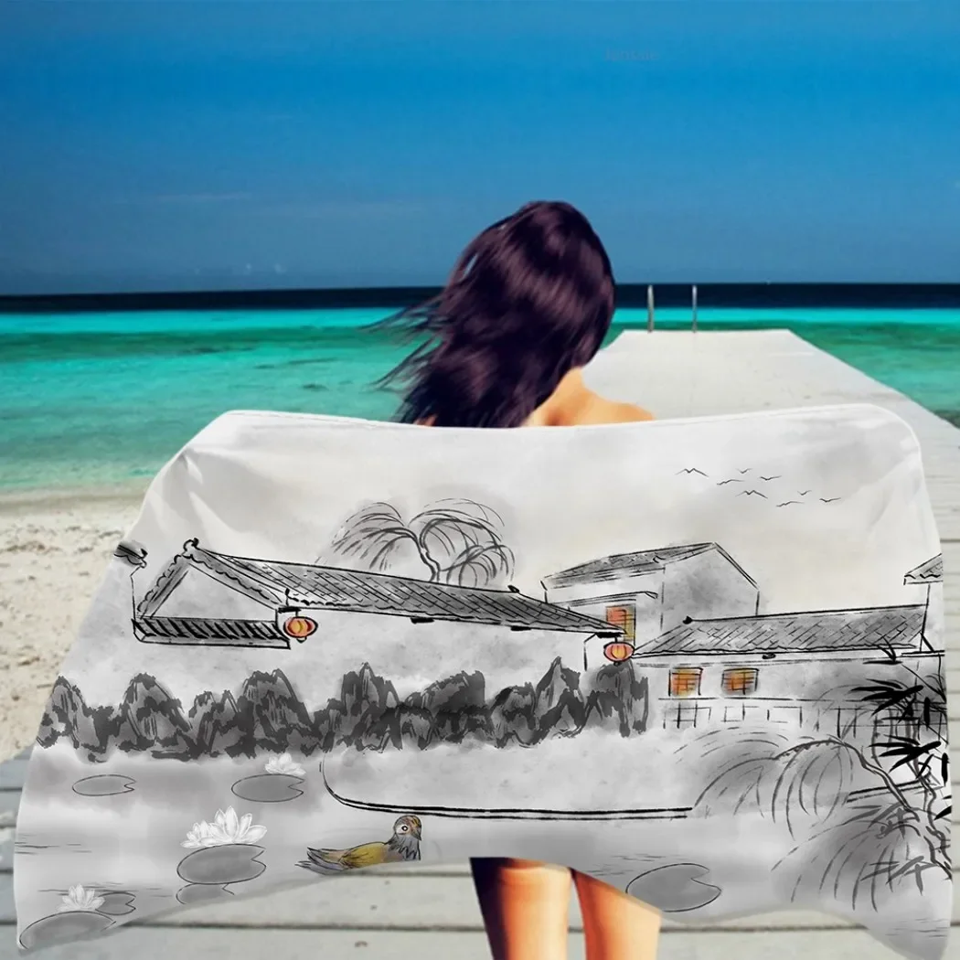 Plum Blossom Flower Beach Towel Microfiber Quick Dry Towel Ink Painting Summer Rectangular Absorbent Home Decor for Women