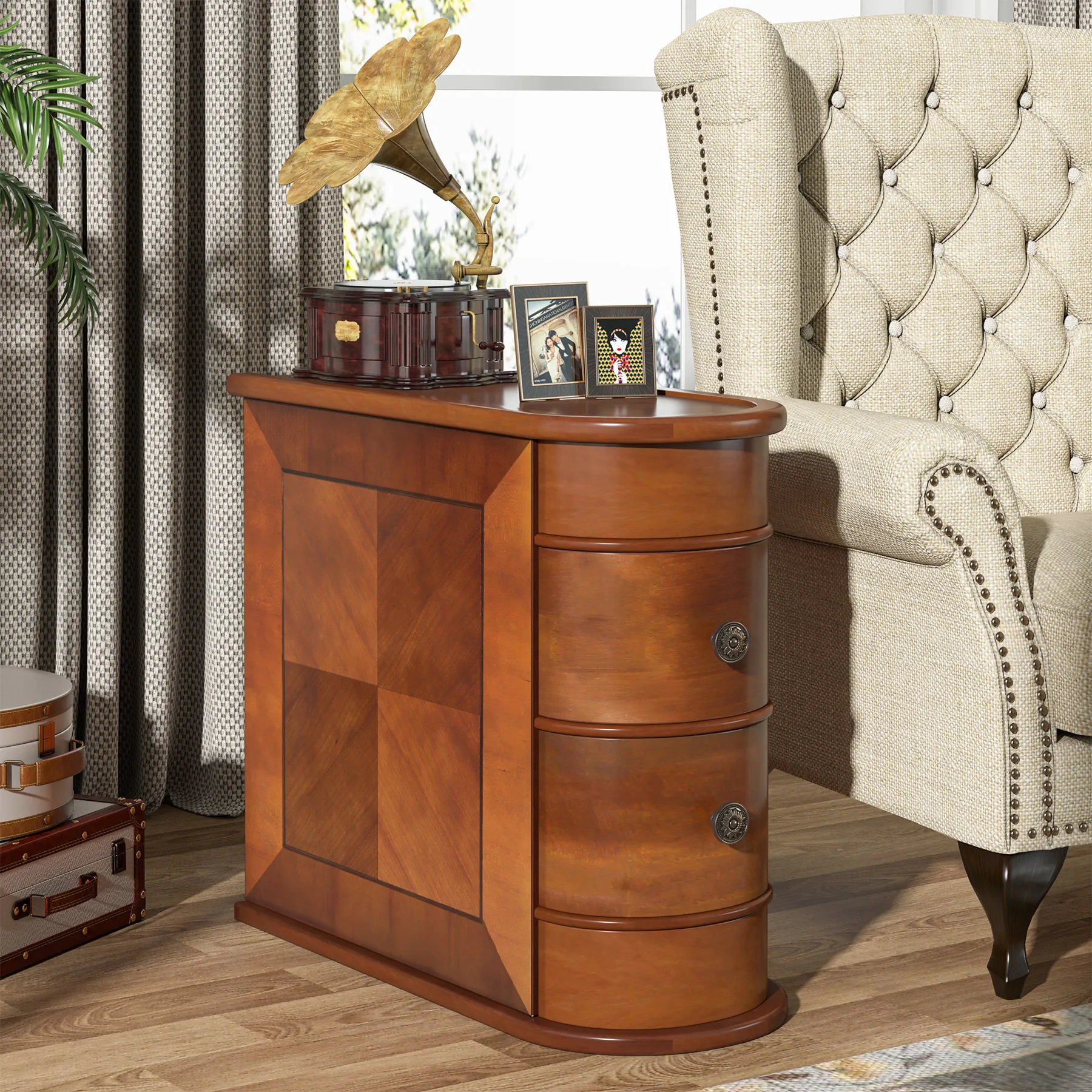 Tribesigns Wood End Table, 2-Drawer Narrow Side Table Slim Chair Solid Side Table, No Assembly Required, Finished Back