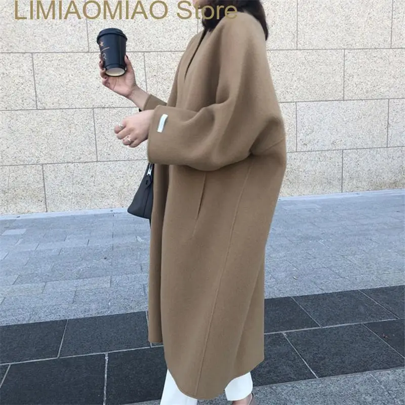 New Spring Autumn Women Casual Loose Pocket Mid Length Imitation Woolen Clothes Cardigan Coat Beige Black Khaki Female Outwear