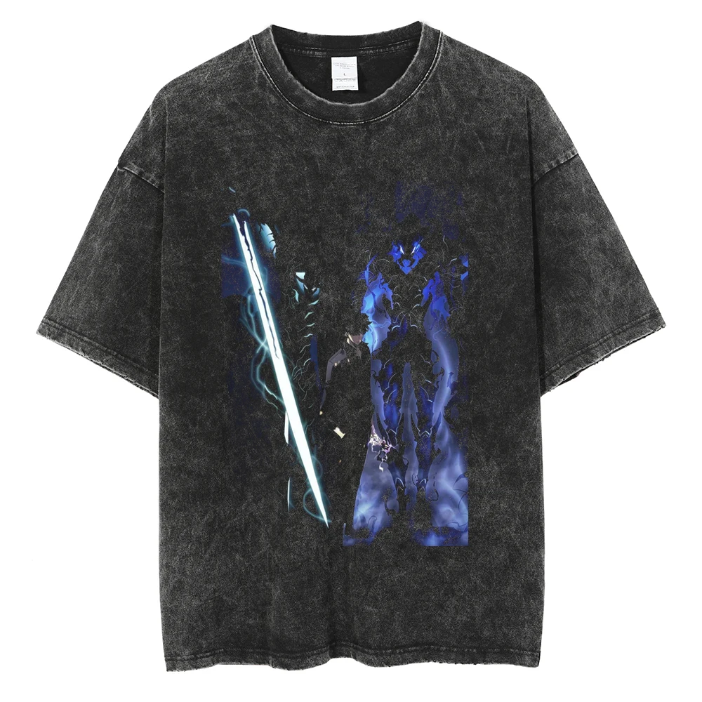 Männer Frauen Vintage Gewaschene Baumwolle T Shirt Streetwear Anime Solo Nivellierung Grafik Drucken Tops Harajuku Lose Kurzarm T-shirts – Detail 11