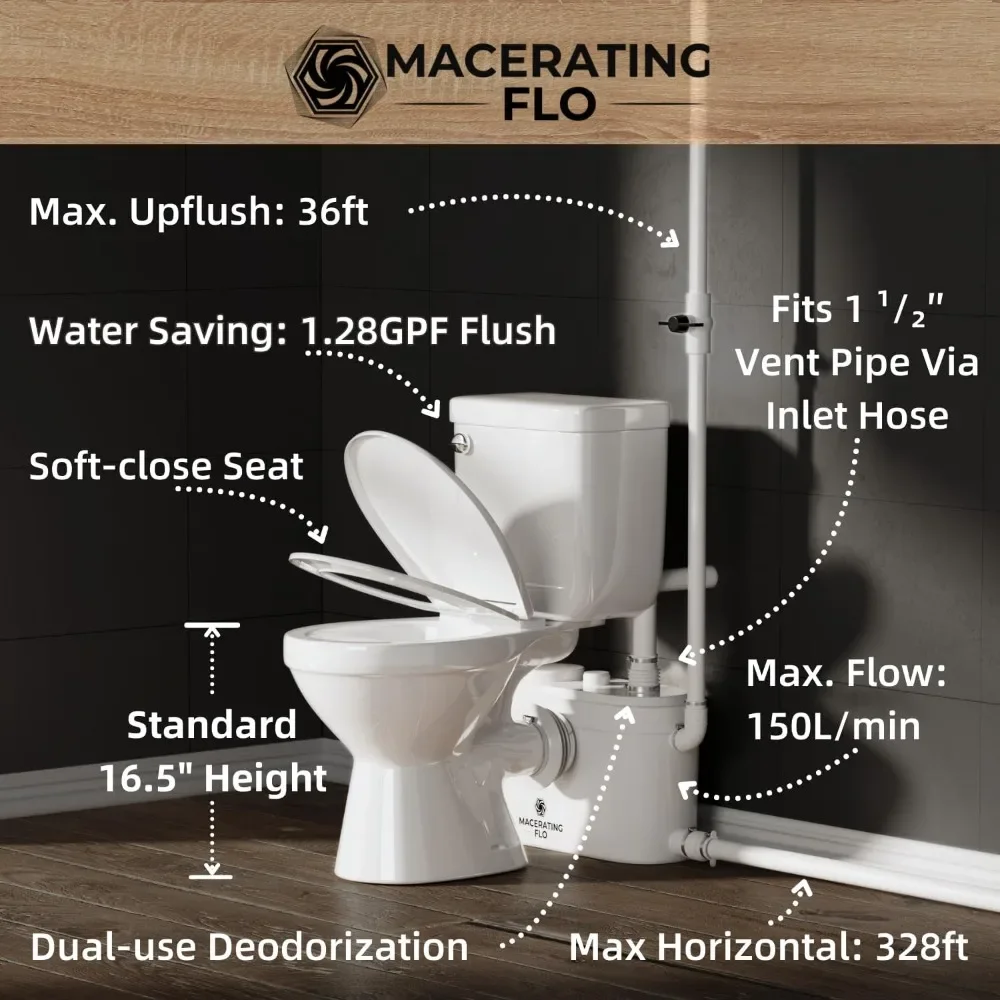 750W Macerating Toilet System with 4-Inlet, Durable Pump, Extension Pipe - Easy Install, Space Saving 2