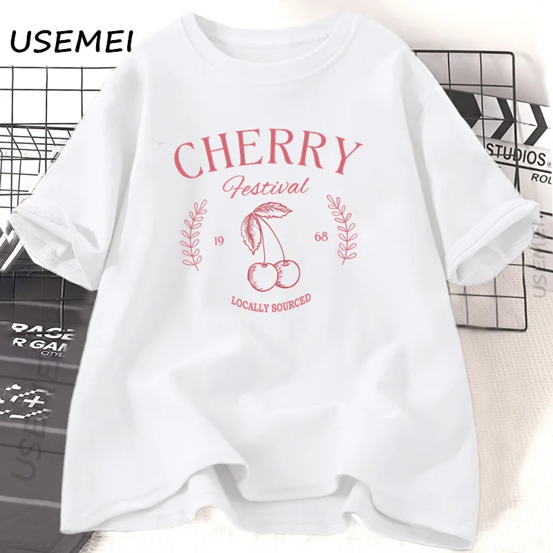Cherry Festival Women's Vintage Graphic T-Shirt - Summer Fruit Casual Cotton Tee