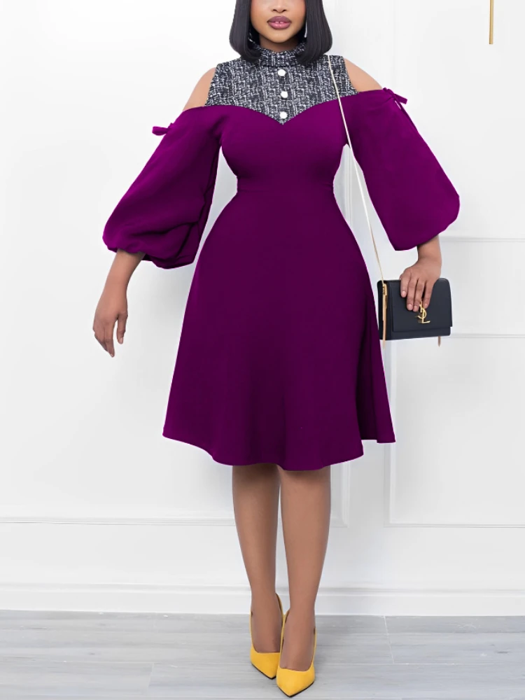 

Women A-Line Elegant Mid Dress Formal Party Long Lantern Sleeves Hollow Out Plaid Patchwork Classy Modest Lady Outfits Autumn