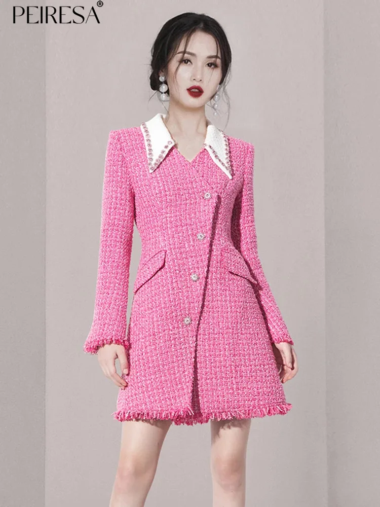

PEIRESA 2023 Winter New Color Block Tweed Dresses for Women Beading Lapel Long Sleeve Asymmetrical Single Breasted Tassel Dress