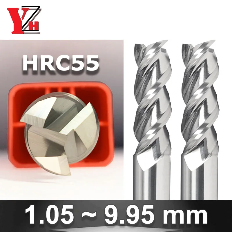 YZH HRC60 Hartmetall-Schaftfräser, 3-schneidig, Durchmesser 1,05 bis 9,95 mm, Fräser mit Dezimalpunkt-Durchmesser, CNC-Aluminium-Kupfer-Metall