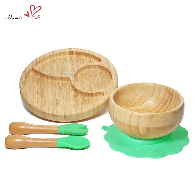 

Baby Bamboo Sucker Plates Fork Spoon Set Non-slip Kids Feeding Tableware Sets Children's Dishes Suction Bowl BPA Free Dinnerware