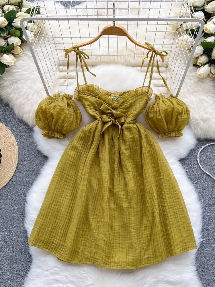 

Ins Off Shoulder Bohemia Mini Dress Women Sexy Short Puff Sleeve Party Lace Up Bow High Waist Slim Boho A-Line Green Dress