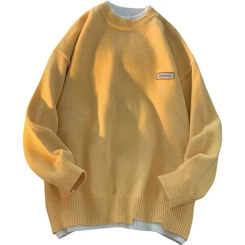 Fake Two Sweaters Men's Trend Winter Loose Fitting Men's Round Neck Knit Sweater Couple Outfit Jacket Men's Bottom Sweater