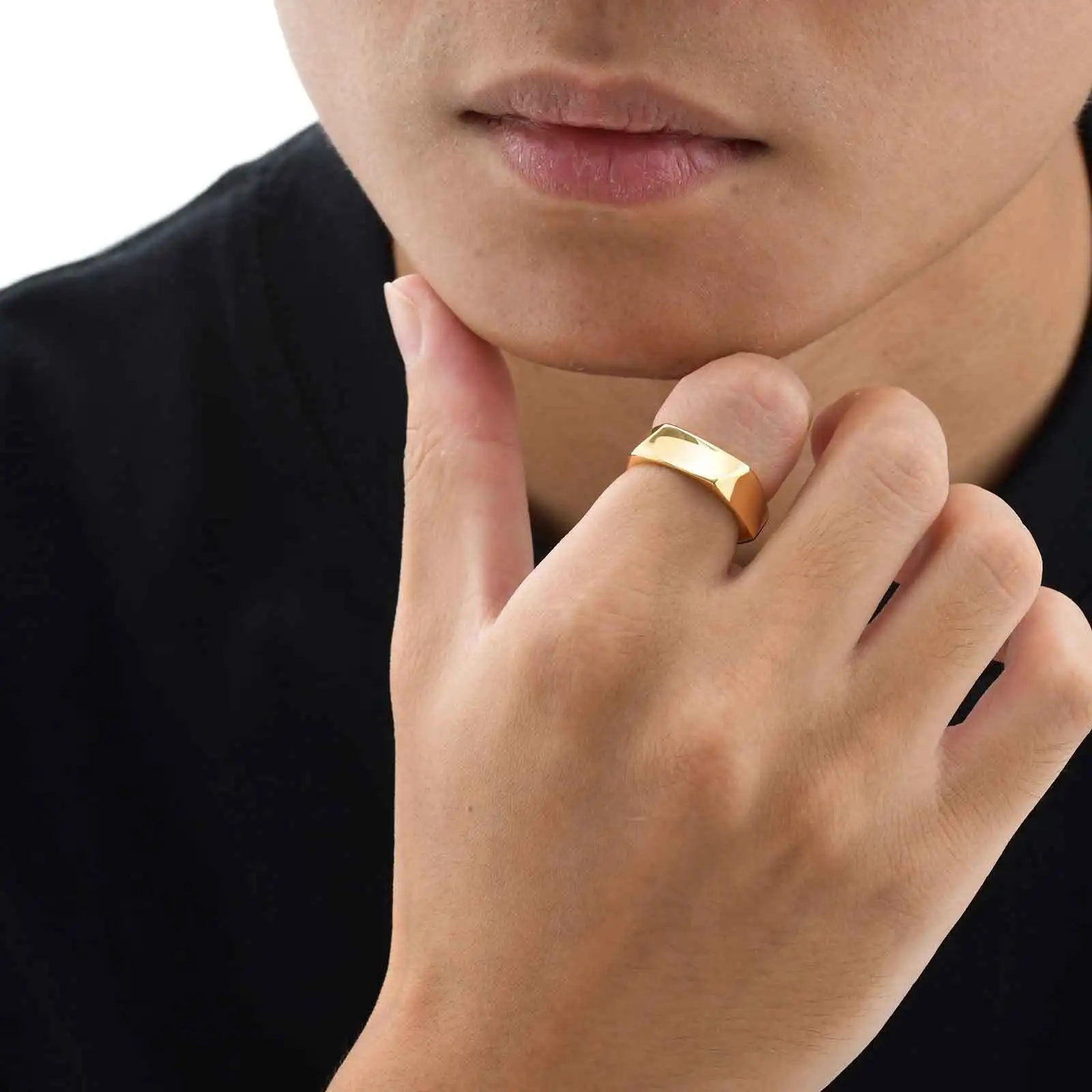Schlichter, trendiger fünfeckiger Herrenring, hochglanzpolierter Edelstahl, Silber, Gold, Schwarz, Ring, Schmuck, Geschenk für Ehemann, Vater, Sohn – Detail 2