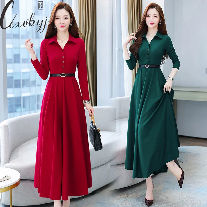 

Long Sleeve Dress Women Solid Colors Single Breasted Maxi Dress With Belt Office Lady Plus Size Turn Down Collar Vestidos Casual