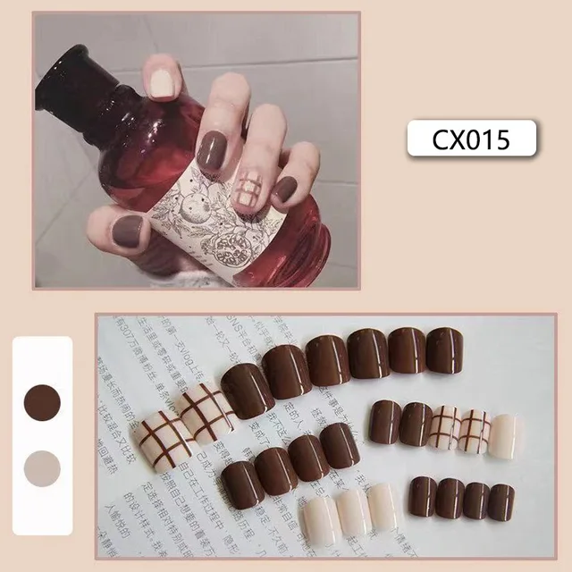 24pcs/box Fake Nails Press on Short Reusable with Designs Set French Artificial Pink False Tipsy Stick-on Nails Tips Art CX015