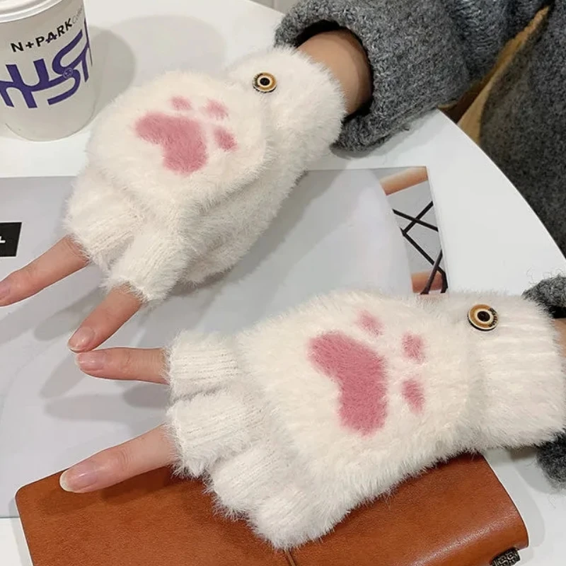 Tanio Rękawiczki z norki słodki kociak pazur zimowe