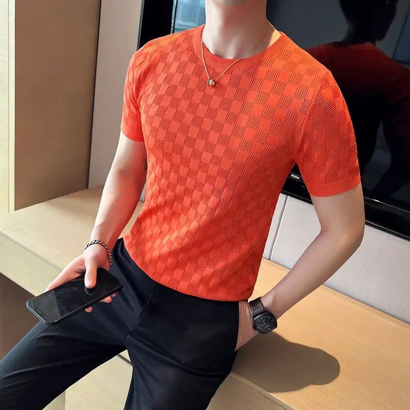 

2024 Brand Clothing Men's Summer Casual Short Sleeve T-shirt/Male Slim Fit Plaid Fashion Knit T-Shirts Tees Plus Size S-4XL