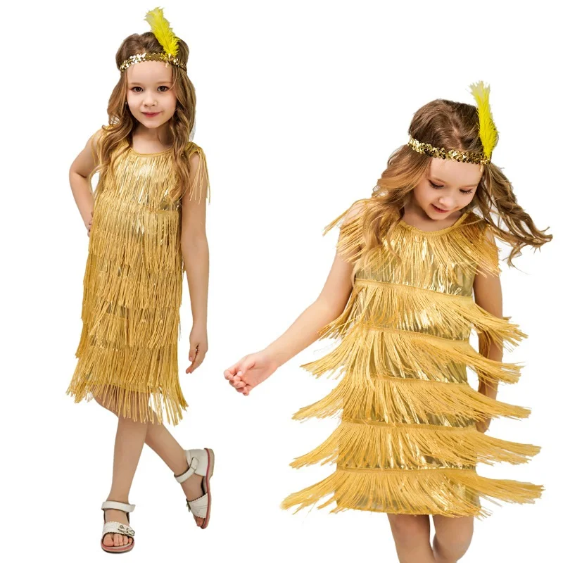 Children's and Girls' Retro Latin Dance Performance Costume Fringe Skirt Dance Girl Party Fringe Stage Performance Cosplay Cost