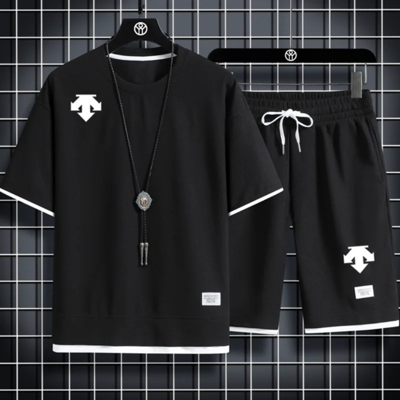 

2024 Mens Summer Fashion 2 Piece Outfit Clothing Jogger Shorts T Shirt Homme Tracksuit Short Sets Sports Suit Clothes for Men