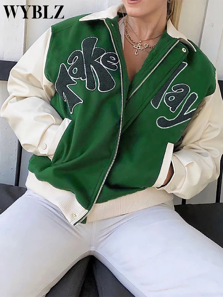 

WYBLZ Spring Autumn Women's Jacket Uniform Baseball Jacket Youth College Style Coat Stitching Color Casual Letter Printing Coats