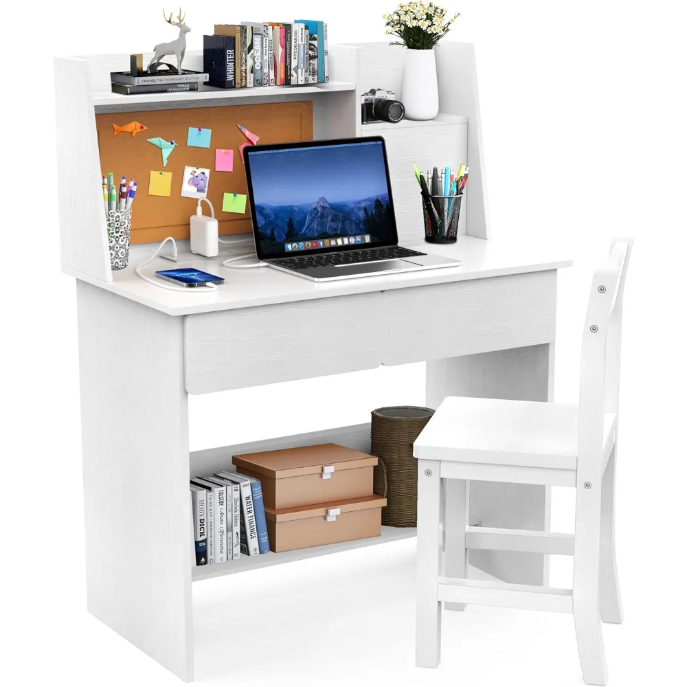 

White Kids Desk and Chair Set for 5-12 Year Old, Childrens Computer Desk with Charging Station, Kids Study Table