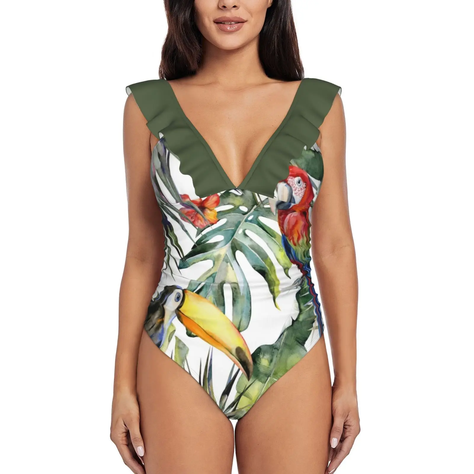 

Слитный купальник с оборками в тропическом джунглях, женский сексуальный Монокини, купальник, новые пляжные купальные костюмы, Акварельный узор, тропический