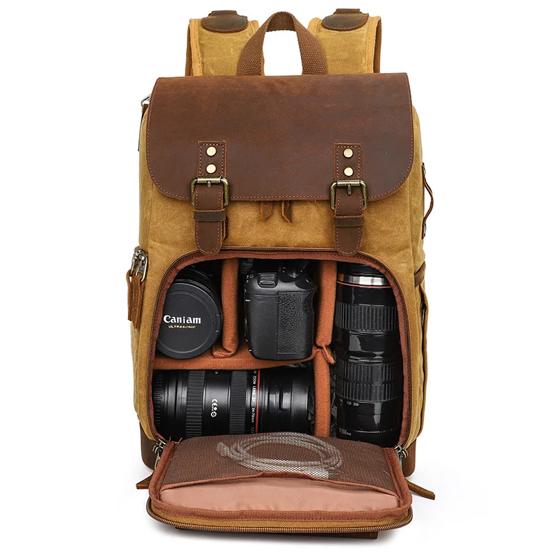 Camera Bag Waterproof Retro Batik Canvas Leather Backpack w USB Port fit  15.4inch Laptop Men Photography Bags Travel Carry Case