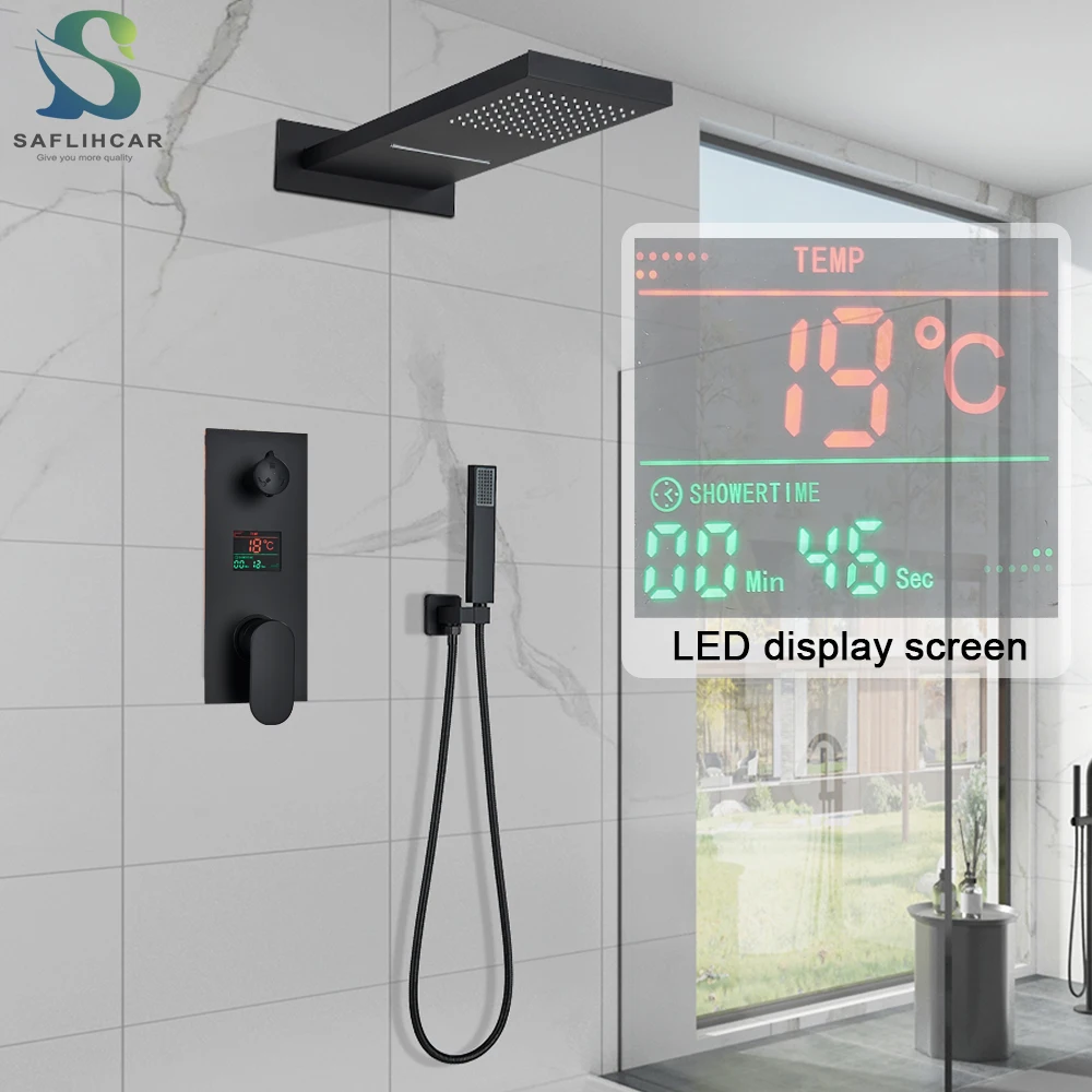 Bathroom Shower Faucet Set Black Thermostatic Faucet Rainfall Waterfall Embedded Shower System