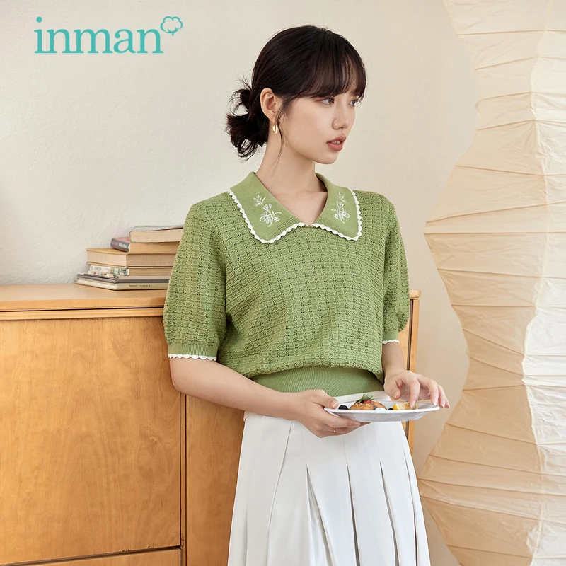 INMAN Women Knitwear 2023 Autumn Short Sleeve Lapel Loose Sweater Embroidery Casual Chic Cute White Green Tshirt Tops