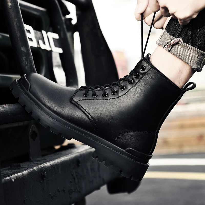 

Luxury Handmade Winter Mens Boots New Black Thick Base Motorcycle Boots for Men Casual shoes High Quality Trend Leather Boots