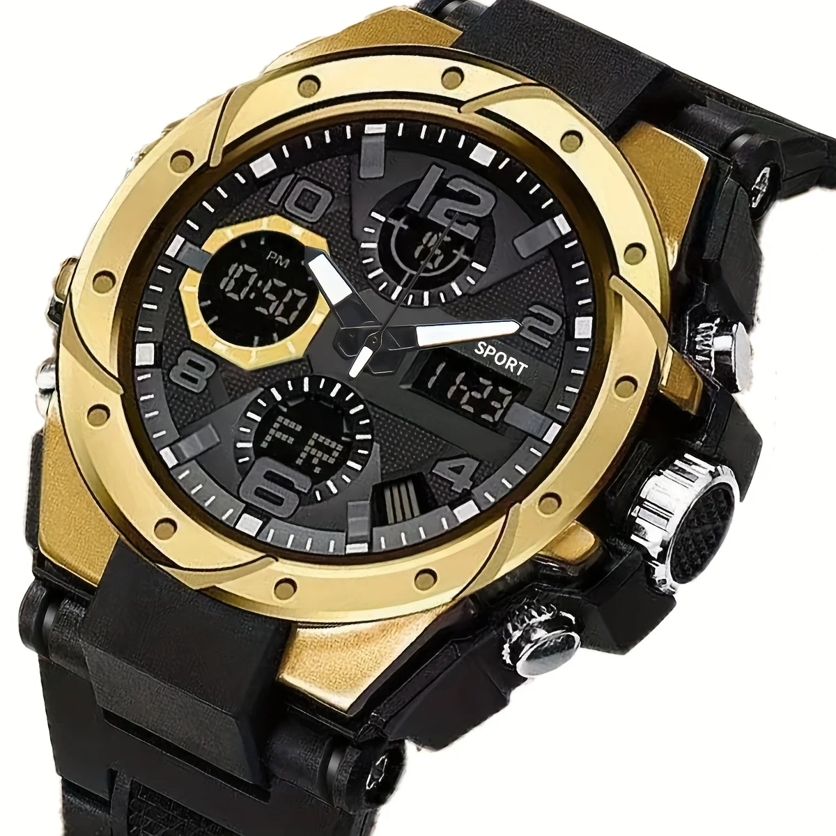 Rugged Dual Display Men's Sports Watch - Automatic Quartz & Digital, Black Alloy Case, TPU Strap, Chronograph & Alarm, Multifunc - 4