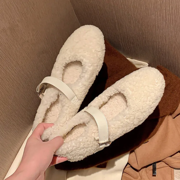 

2022New Beige Lambswool Women Shallow Flats Mary Jeans Strap Black Espadrilles Lady Outside Moccasins Casual Creepers Chaussure