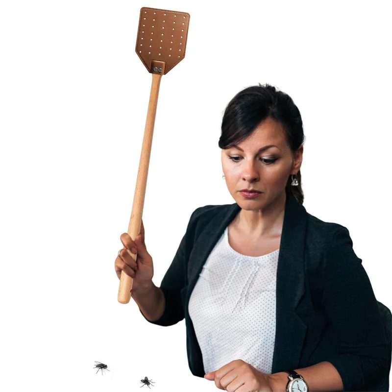 PU Leather Fly Swatter Long Handle Beechwood Manual Fly Exterminator Outdoor Portable Mosquito Repellent Swatters