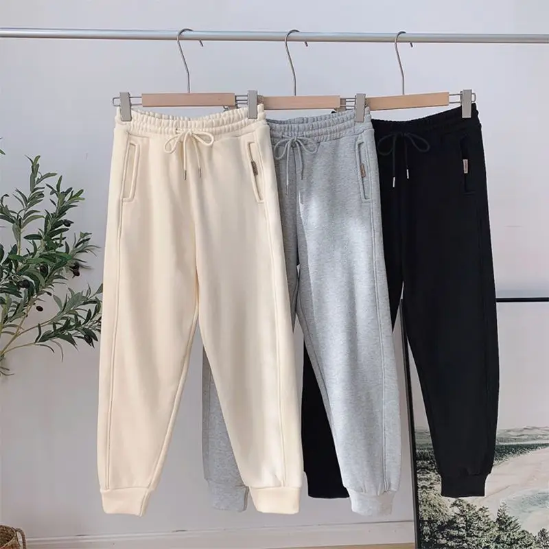 2023 Autumn Winter New Solid Color Fashion Elastic Waist Sweatpants Women High Street Drawstring Pockets Thicken Warm Haren Pant