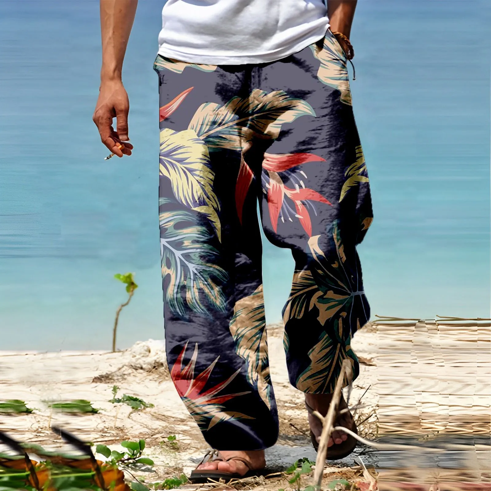 

Hawaiian Oversize Pants Printing Beachwear Pantalettes Loose Leggings Breathable Men Trousers Wide Legs Pantalones Hombre 2023
