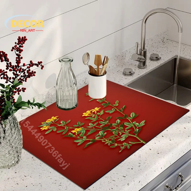 Vintage Botanical on Red Dish Drying Mat Drain Pad for Plants Flower  Diatomic Washable Super Absorbent Room Decor Aesthetic - AliExpress