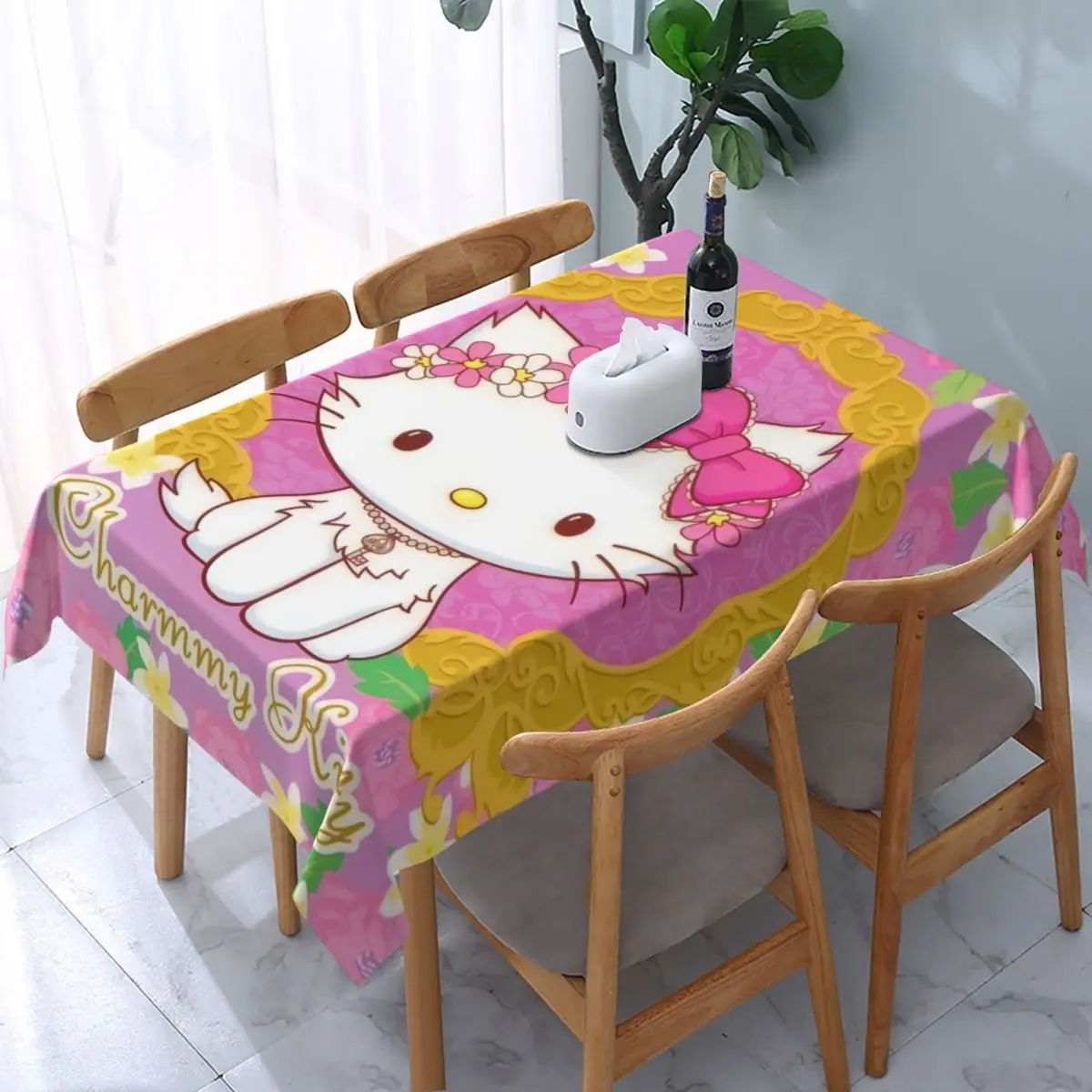 

Прямоугольная Водонепроницаемая маслостойкая Скатерть Charmmy Kitty Sanrio с мультяшным рисунком, эластичные кромки, скатерти для стола, подходит для скатерти