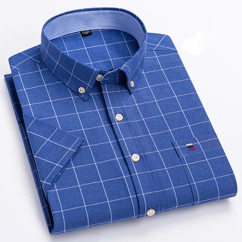 

Men's Oxford Short Sleeve Summer Casual Shirts Single Pocket Comfortable Standard-fit Button-down Plaid Striped Cotton Shirt 7XL