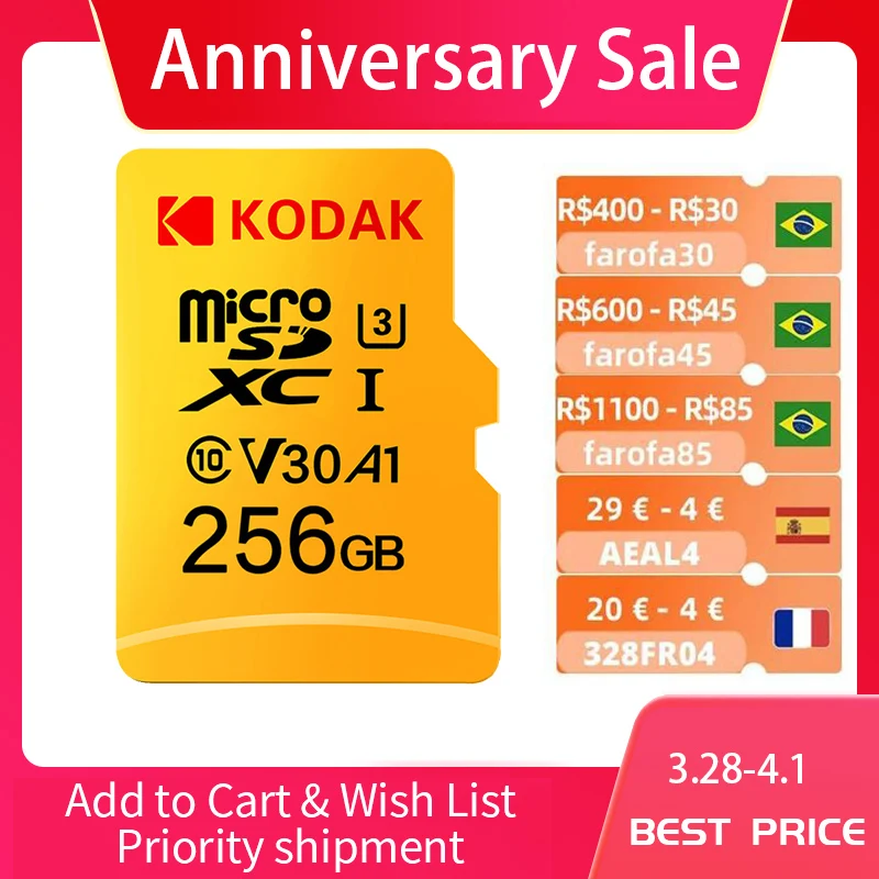 Originale Kodak 512Gb Micro Sd Card Classe 10 16G 32G 64Gb U3 4K Ad Alta Velocità Cartao De Memoria Memoria Memoria Flash Tf128Gb Meard C10 1Tb