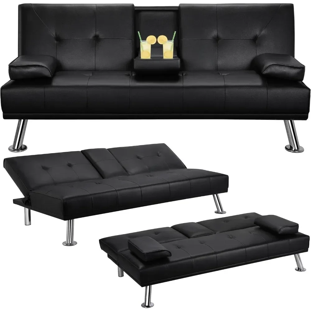 Modern Sofa Bed Faux Leather Sofa Convertible Folding Futon Couch with Armrest Home Recliner Home Furniture for Living Room