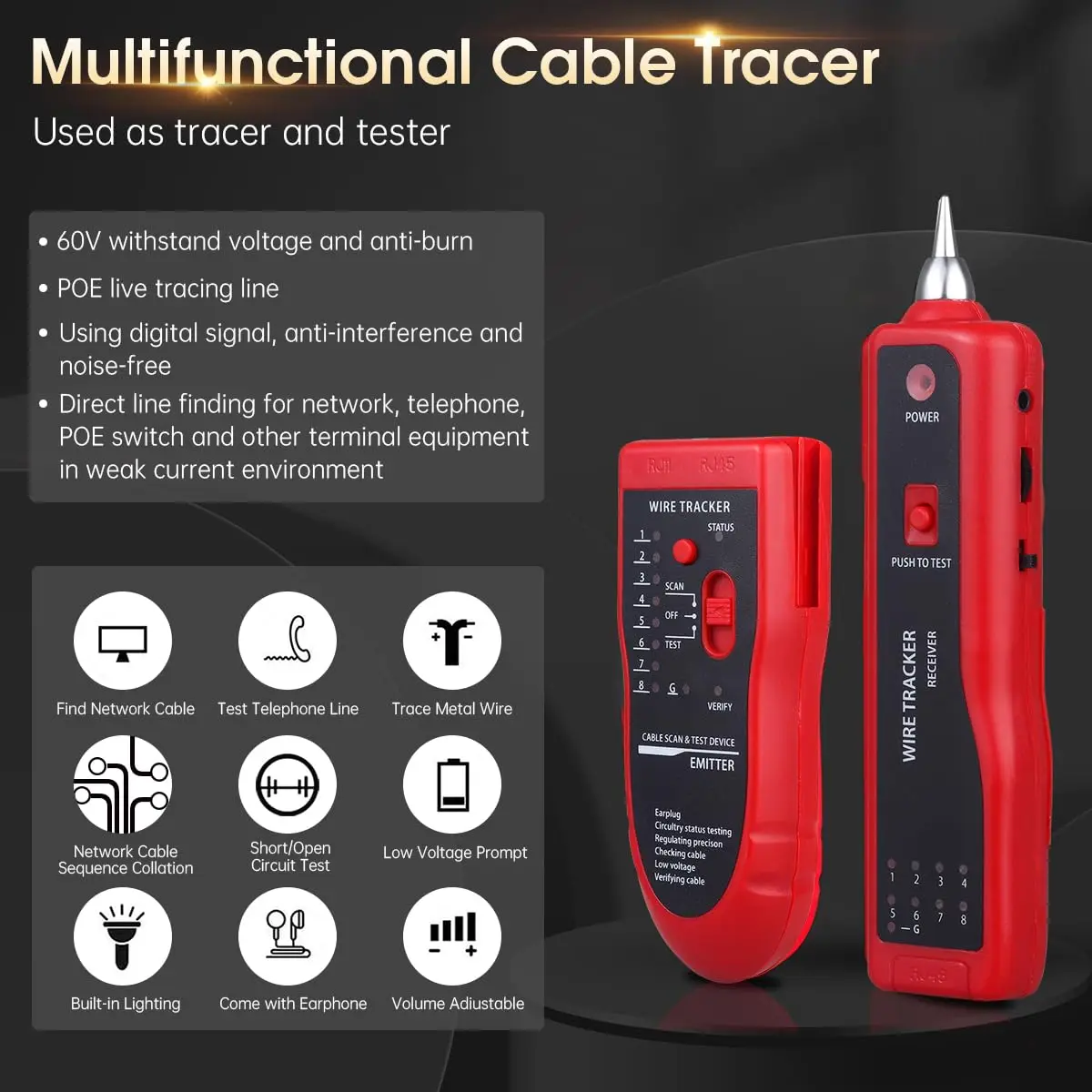Network Cable Tester, RJ45 RJ11 Multi-Function Wire Tracer and Circuit Tester wi