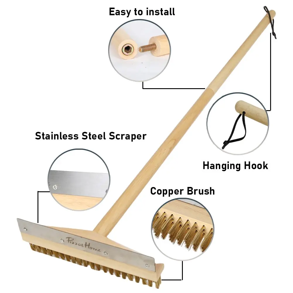 Spazzola Per Pulire Forno Pizza E Griglie - Setole In Ottone E Raschietto In Acciaio - Manico Regolabile In Legno - Foto 7