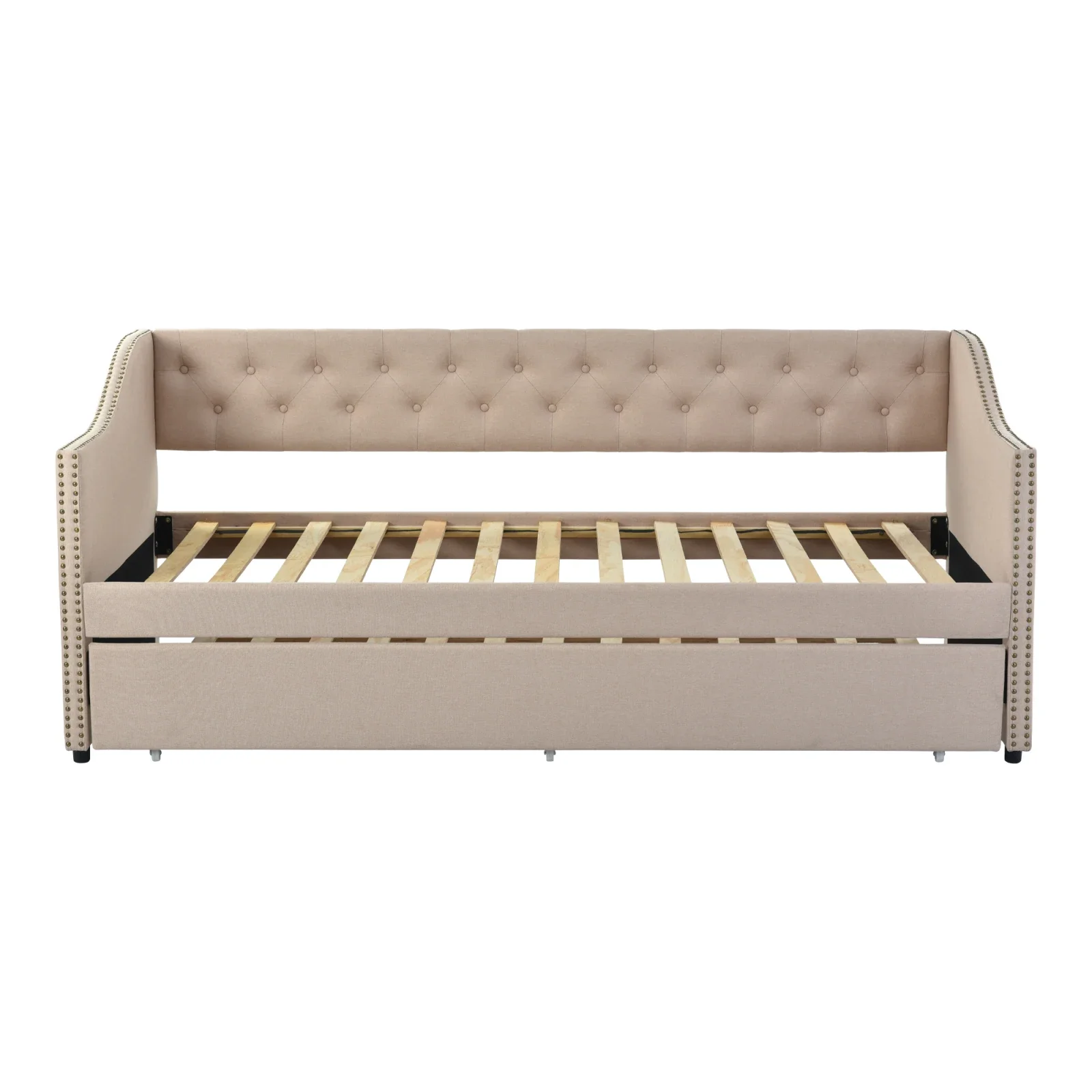Comanlai Ausziehbares Schlafsofa 90/180 x 200 cm, gepolstertes Bett mit Lattenrost, platzsparendes ausziehbares Bett, Leinenstoff, Beige – Detail 10