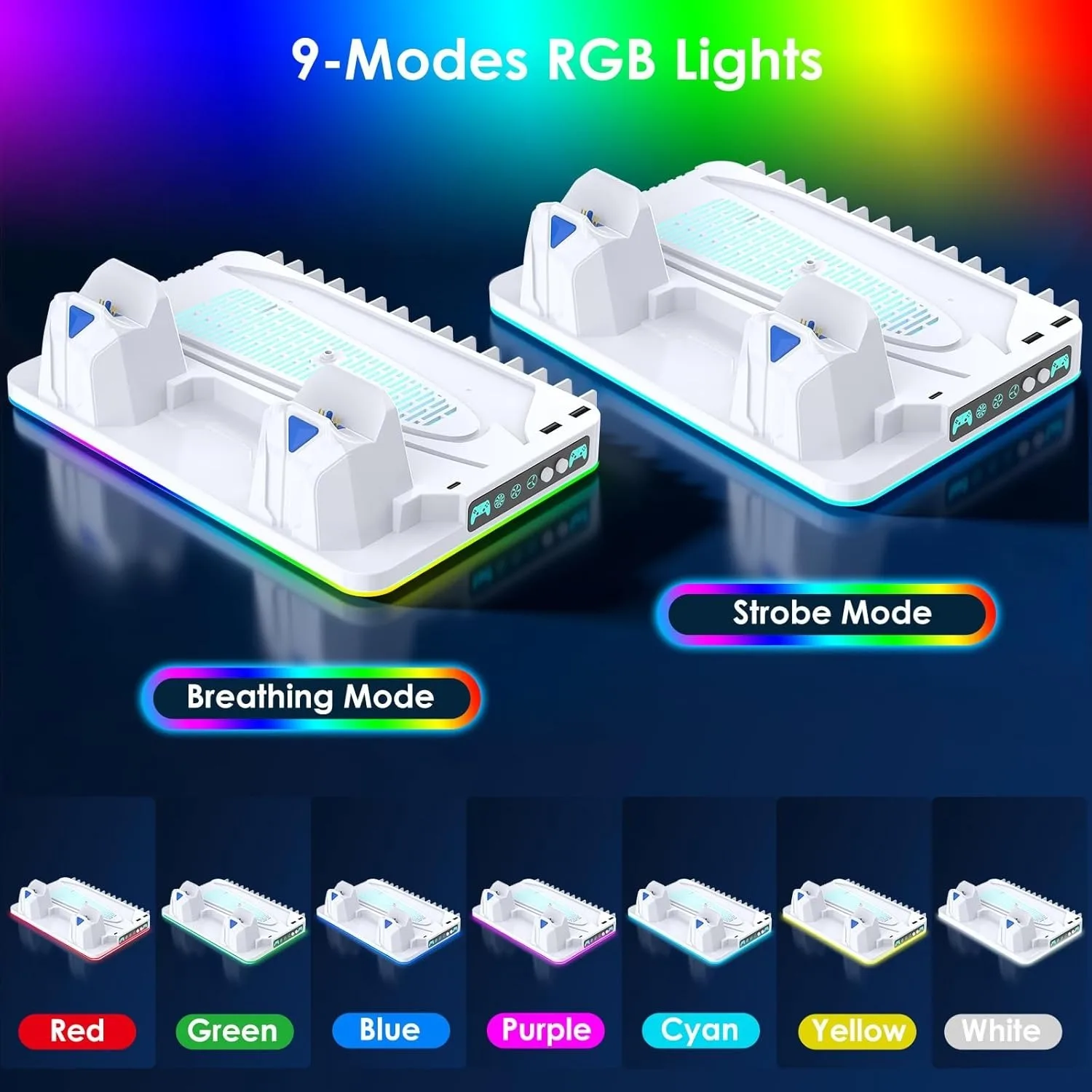 멀티 기능 PS5 쿨링 스테이션 (듀얼 컨트롤러 충전기, RGB LED 조명, 게임 홀더, PS5 슬림/프로용 USB 허브 포함)