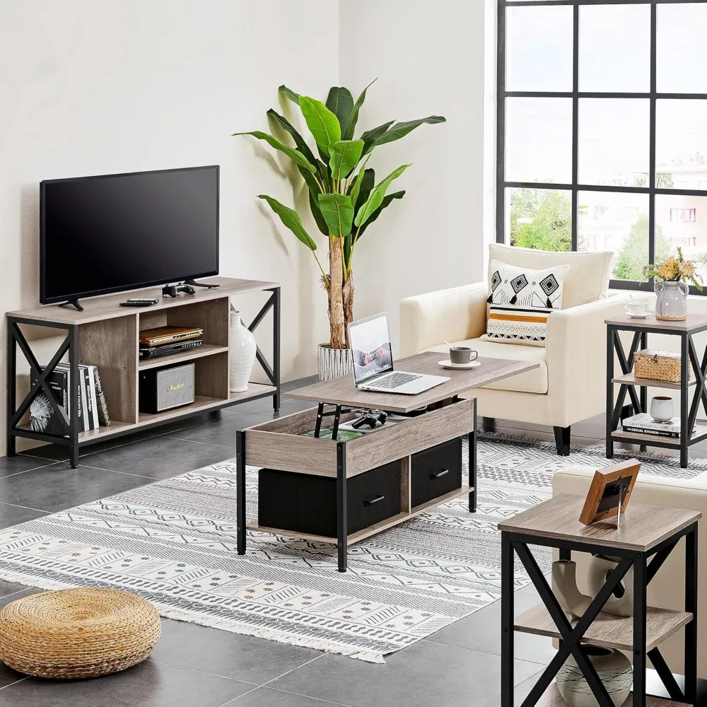 4-Piece Living Room Furniture Sets 2Pcs 3 Tier Sofa Side End Table 41.5 Inch Lift Top Coffee Table 60 Inch TV Stand Gray