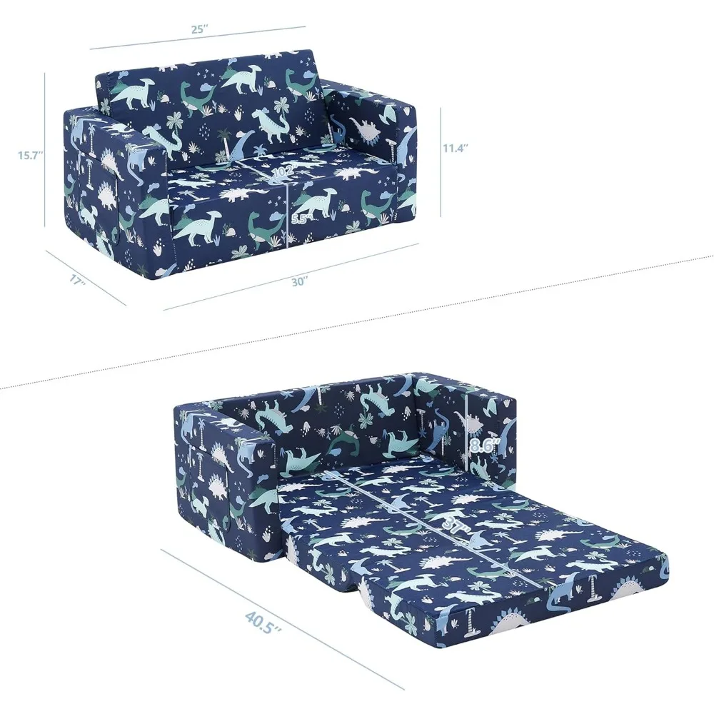 Ulax Furniture Kids Fold Out Couch 2-in-1 Children Convertible Sofa to Lounger with Soft Plush Fabric (Navy Dinosaur) images - 6