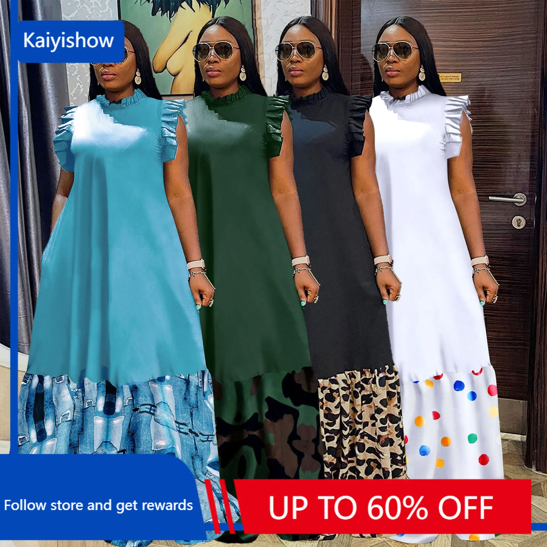 

Летнее платье с рюшами, женское Повседневное платье с Африканским принтом и рюшами, плиссированным рукавом, свободное платье-макси для женщин