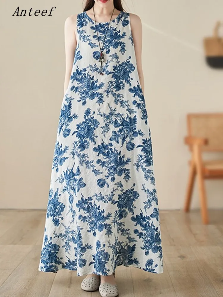 

Женское винтажное платье без рукавов Anteef, Длинное свободное Хлопковое платье с цветочным принтом, элегантная одежда большого размера в повседневном стиле на лето 2024